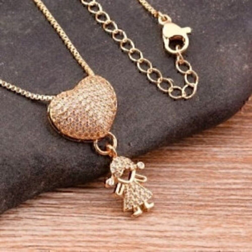 Gold Color Cubic Zirconia Family Girl Pendant Necklace Copper Chain Jewelry